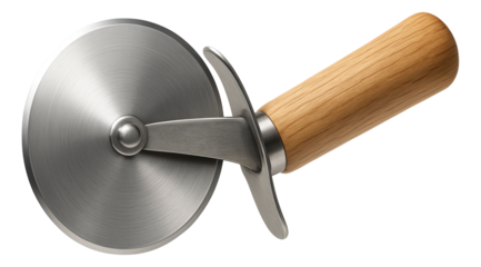Stainless steel pizza cutter with a wooden handle designed for slicing pizzas efficiently on transparent background.