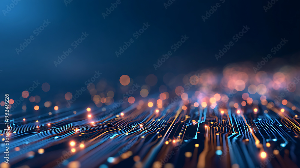Poster glowing blue circuit lines forming digital pattern on dark background concept for futuristic technol
