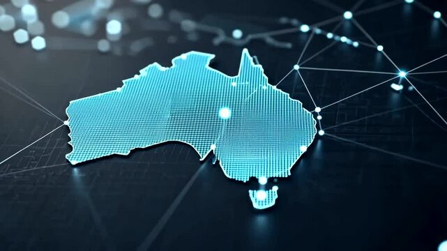 Australia outlined, with bright nodes and connections across the landscape.