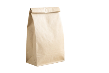 This is an isolated brown paper bag, a blank and empty paper package or sack, on a white background, suggesting retail or food packaging