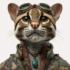 Margay in stealth night-vision goggles and camouflage jacket, ultra-detailed texture, natural lighting, clean white background, high-end fashion editorial