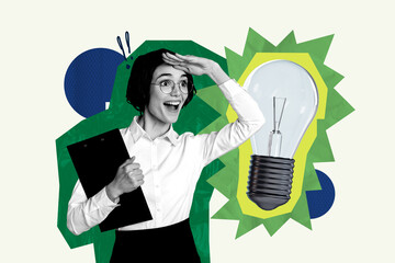 Creative 3D collage trend artwork template of brilliant idea solution genius brainstorming young lady smile hand hold clipboard research