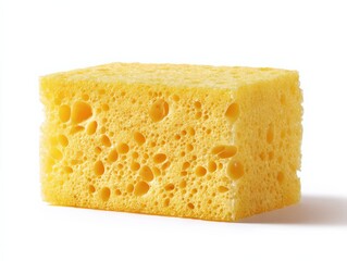 A bright yellow cleaning sponge, showcasing its porous texture and vibrant color. Perfect for cleaning tasks.