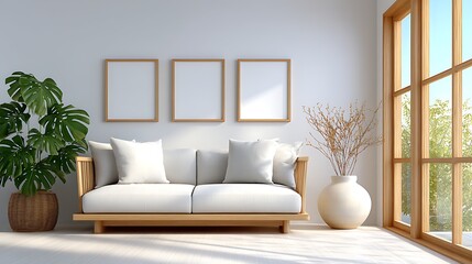Fototapeta premium Bright Studio Interior Featuring Modern Couch and Minimalist Decor Elements