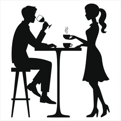 Vector Silhouette of Romantic Couple Enjoying Drinks at a Cafe/Silhouette image of a man and a woman seated at a small table, enjoying drinks.