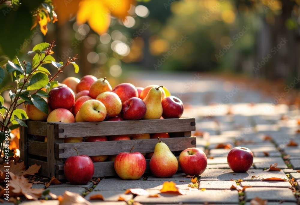 Aufkleber fresh apples and pears in a wooden crate on a cobblestone path