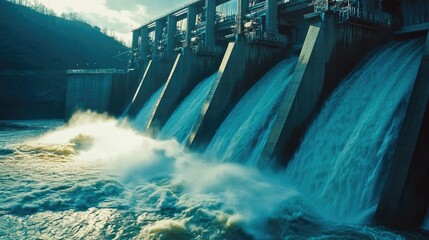  Hydroelectric dam with rushing water and electric turbines turning with the force of the flowing river water , generating clean energy for ecology and zero carbon targets