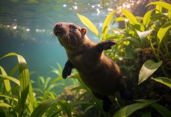 A playful otter swimming gracefully among vibrant aquatic plants