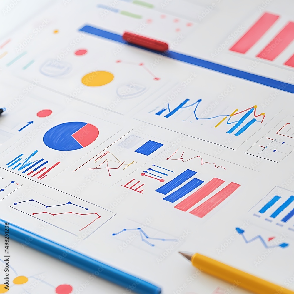 Poster business report with charts and graphs on a table surface