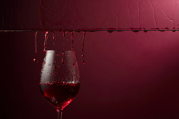 Red wine flows down into a glass.