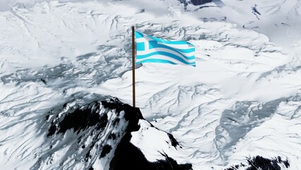 3D rendering of Gibraltar’s national flag with a red castle and golden key on a white and red background, waving proudly atop a snow-covered mountain peak, symbolizing strength and resilience.

