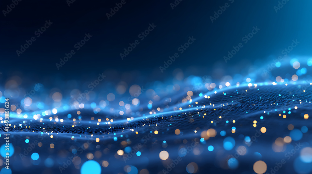 Poster sparkling blue particles flowing on a dark background, representing a technology or science concept.
