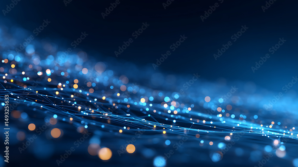 Poster sparkling blue particles flowing on a dark background, representing a technology or science concept.