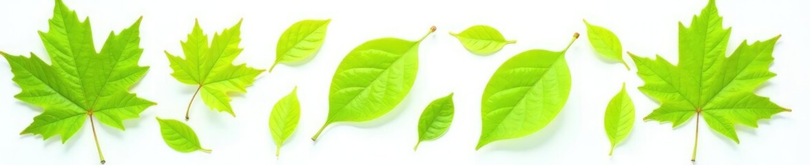 lush green leaves scattered about in isolation, fall leaves, foliage on white