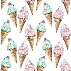 Pistachio and raspberry ice cream cones watercolor style vector seamless pattern, features ice cream scoops in waffle cones. Summer sweets design perfect for dessert-themed projects.