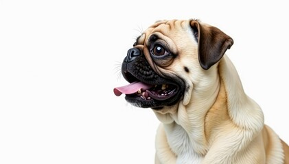 Obraz premium Playful pug in profile, isolated on pure white backdrop, playful, wrinkles