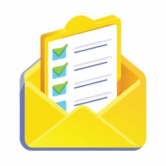 3D Render of a Yellow Envelope Containing a Checklist with Checked Boxes Isolated on Transparent Background PNG