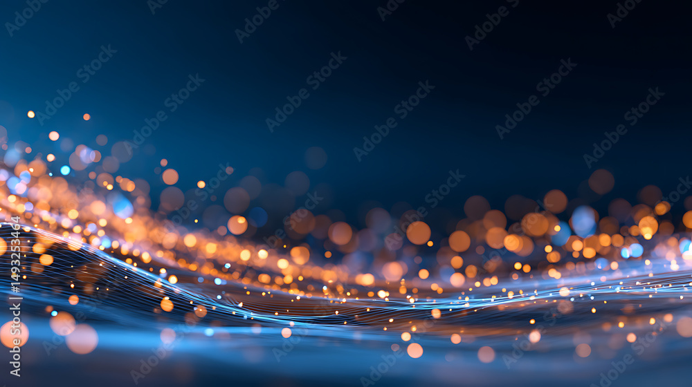 Poster a dynamic wave of blue and orange particles, digital bokeh style, on a dark background, concept of f
