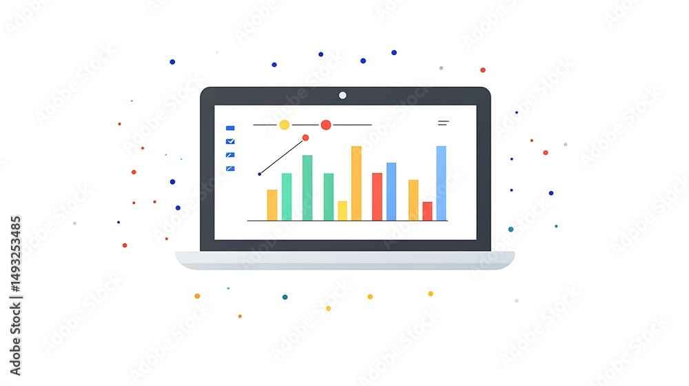 Poster data analysis on laptop with colorful graphs and statistics display