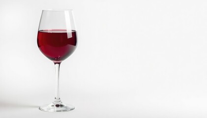 Rich ruby red wine in elegant glass, stark white backdrop , rich color, minimal