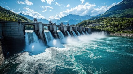  Hydroelectric dam with rushing water and electric turbines turning with the force of the flowing river water , generating clean energy for ecology and zero carbon targets
