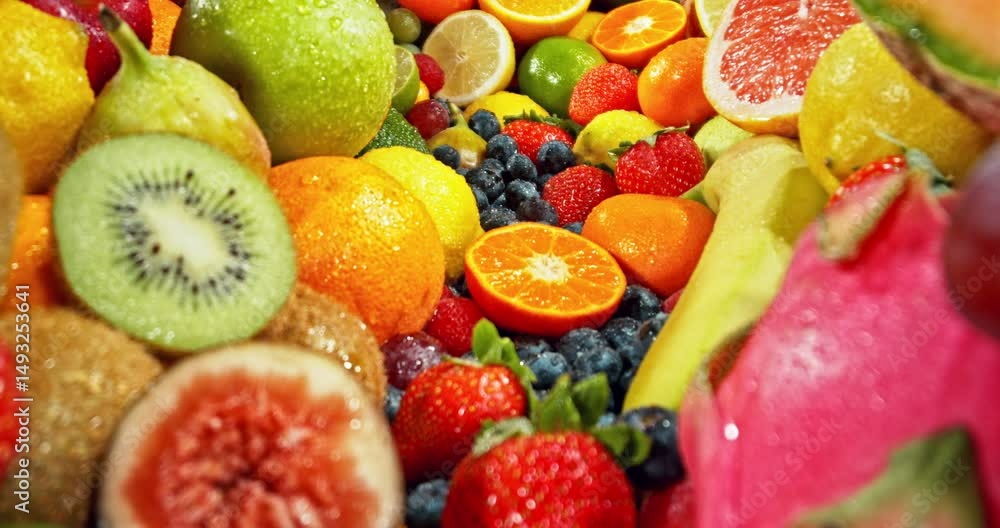 Aufkleber various kind of fresh exotic fruits. camera placed on motion control system. filmed on high speed ci