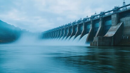  Hydroelectric dam with rushing water and electric turbines turning with the force of the flowing river water , generating clean energy for ecology and zero carbon targets