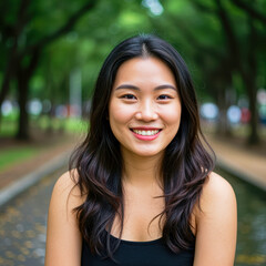 Fototapeta premium 公園で肖像画のためにポーズをとって、カメラに微笑んでいる黒い髪の若い女性