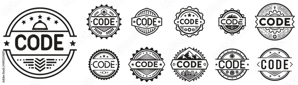 Poster vintage style code emblems: developer, gear & tech icon vector set