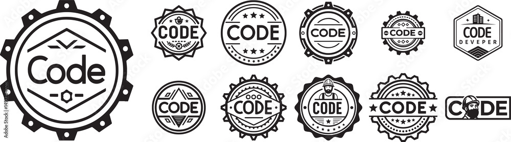 Poster retro tech & coding club logos: code lettering vector graphics collection
