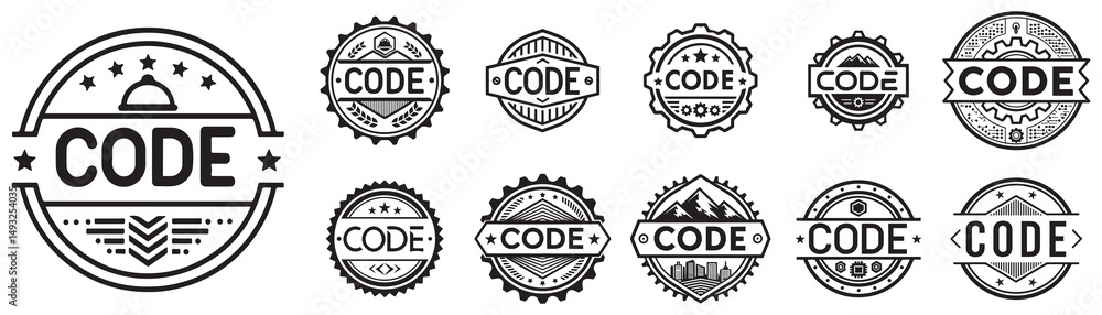 Poster vintage style code emblems: developer, gear & tech icon vector set