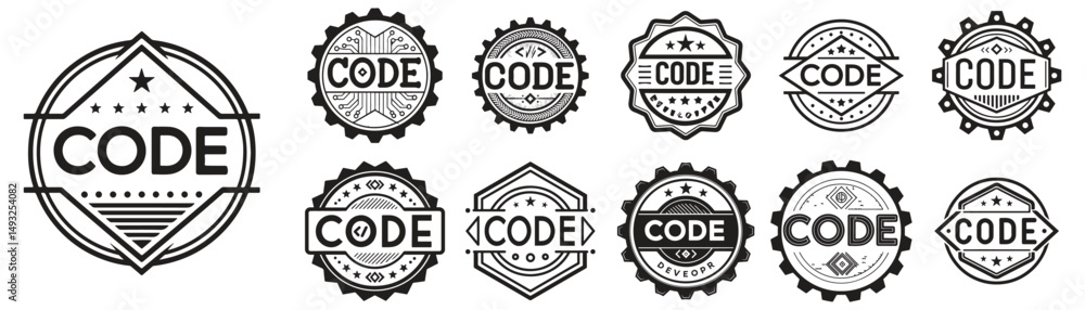 Poster vintage style code emblems: developer, gear & tech icon vector set