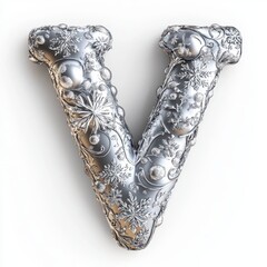 Ornate Silver Letter V 3D Render on White Background