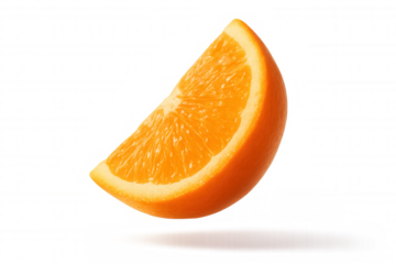 A fresh, juicy orange wedge is captured in mid-air, showcasing the vibrant color and texture of the fruit on transparent background.