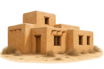 Adobe house with wooden door and windows surrounded by dry grass on a transparent background, representing southwestern architecture