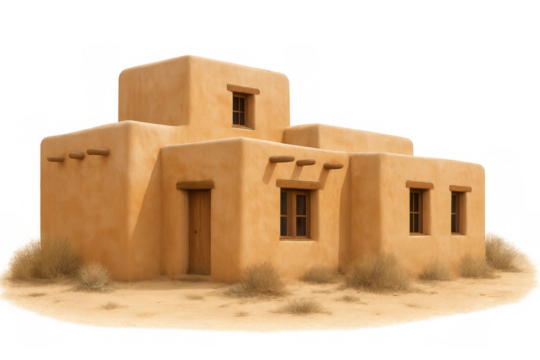 Adobe house with wooden door and windows surrounded by dry grass on a transparent background, representing southwestern architecture