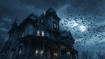 Fototapeta premium Eerie Haunted House Night Scene