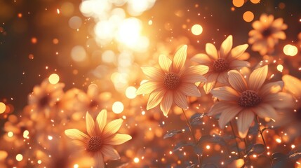 Golden flower meadow at sunset