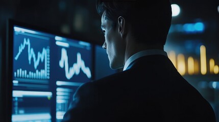 Businessman analyzing stock market data on screen at night