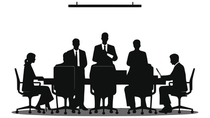 Business meeting in progress, vector silhouette of diverse people/A professional silhouette of a diverse group of people seated around a conference table.