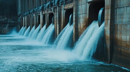  Hydroelectric dam with rushing water and electric turbines turning with the force of the flowing river water , generating clean energy for ecology and zero carbon targets
