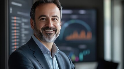 Smiling businessman in suit with financial data in background