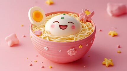 Cute, stylized representation of noodles and egg.