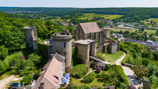 Aerial view of the Ch&acirc;teau de la Madeleine (Madeleine Castle) overlooking the village of Chevreuse in the French department of Yvelines in the capital region of Ile-de-France near Paris