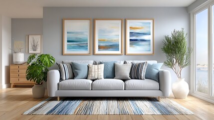 Fototapeta premium Minimalist Studio with Watercolor Art and Light Gray Sofa in Modern Interior Design
