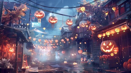 Cyberpunk Halloween Plaza with Giant Glowing Jack-o'-Lanterns and Neon Lights
