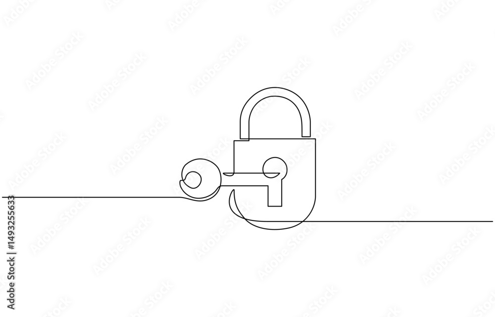 Poster continuous one line drawing of padlock with key. single line drawing illustration key and padlock, o