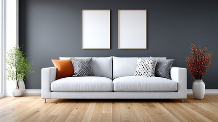 Modern Gray Sofa with Decorative Pillows and Framed Artwork in Bright Studio Space