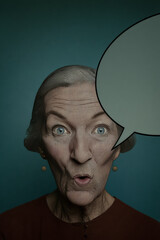 Elderly woman with comic speech bubble in a surreal portrait setting, merging age, surprise and pop-art elements in an imaginative composition.