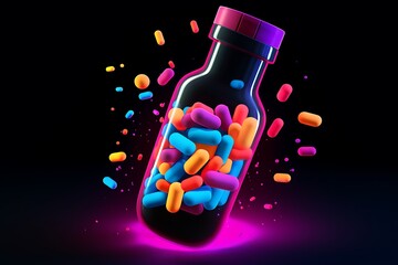 Colorful Pills and Capsules in Elevated Bottle Against Dark Background